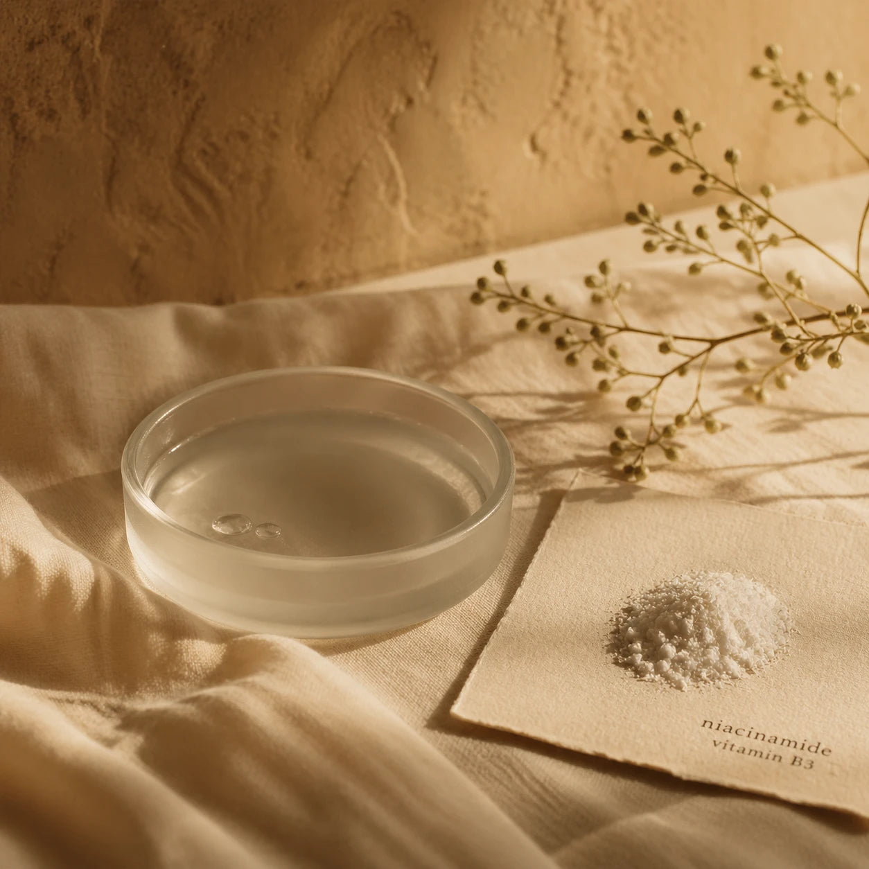 A frosted petri dish of niacinamide solution beside a small powder pile on bone-cream linen