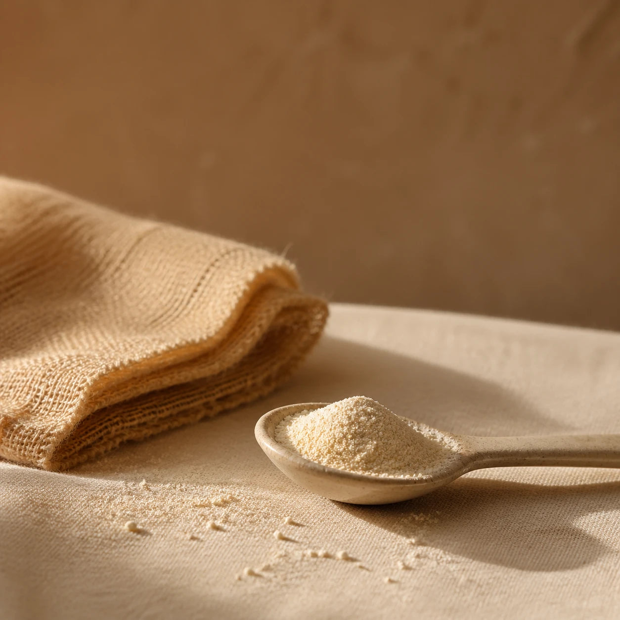 A small ceramic spoon of pale ivory peptide powder beside a folded muslin cloth