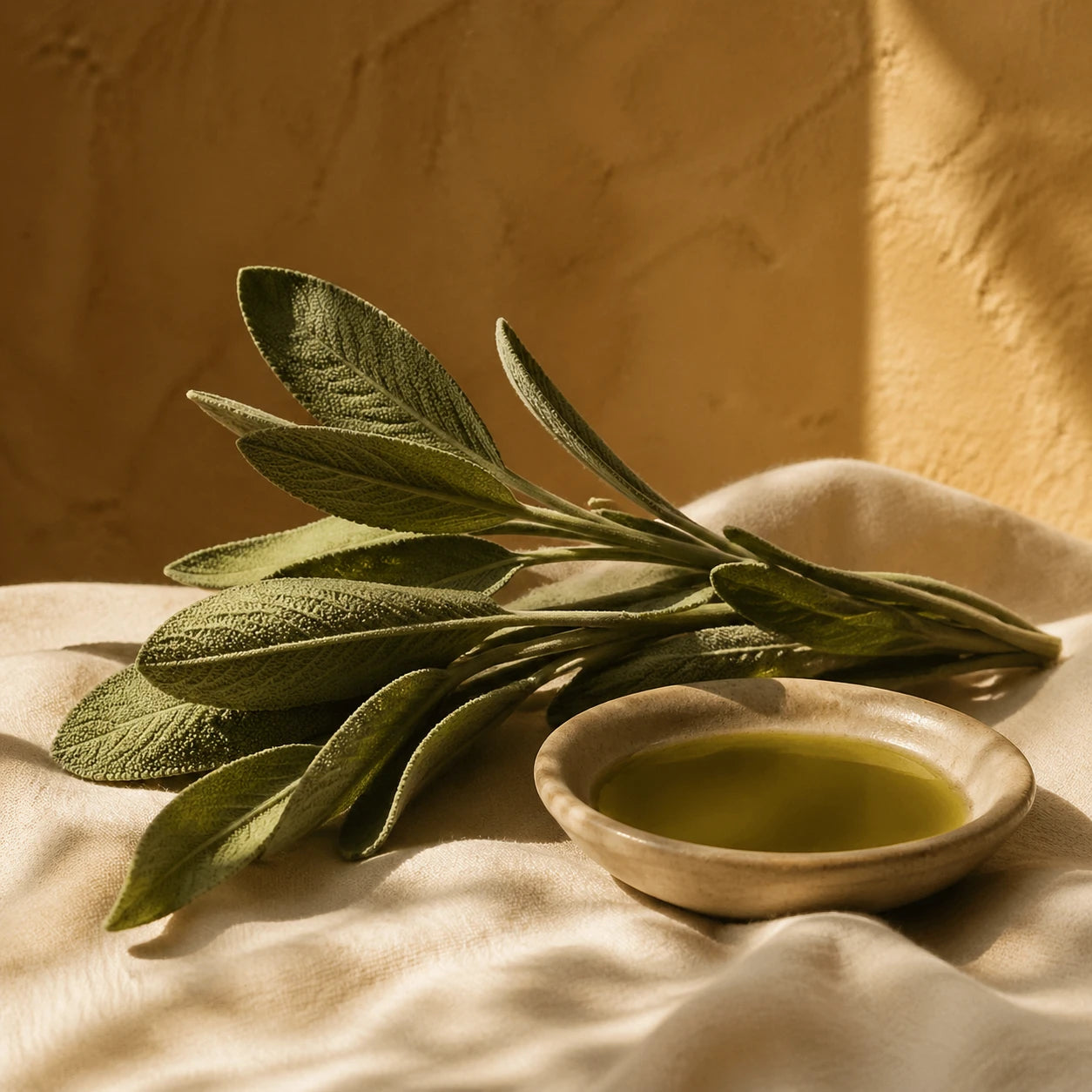 A bunch of fresh sage olive leaves on linen with a small ceramic dish of green-tinged extract