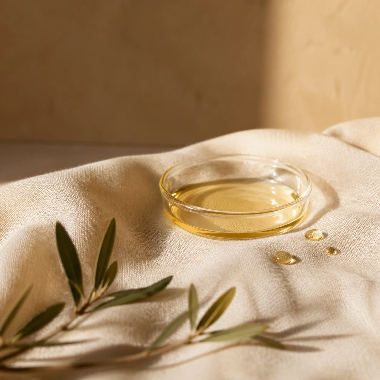 A frosted glass dropper bottle of squalane mid-drop, sage olive sprig in foreground